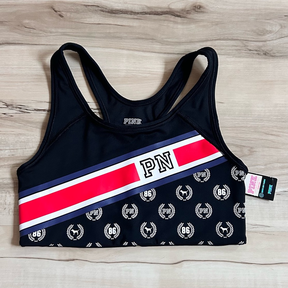 VS PINK Ultimate Sports Bra Size Small Black Blue Red Logo Racerback Unlined